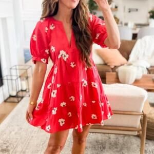 Universal Thread Red Floral Puff Sleeve‎ Crinkle Tiered Mini Dress